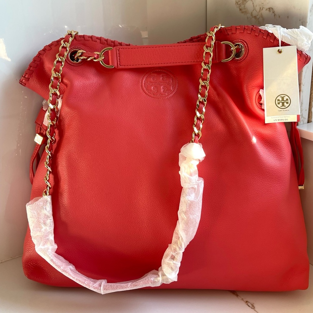 Tory Burch Marion Leather Slouchy Tote Bag, Spiced Coral NEW with tags